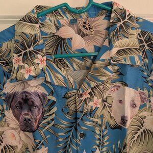 Tropical dog Hawaiian print button down short sleeve shirt Men's Sm; shirt with